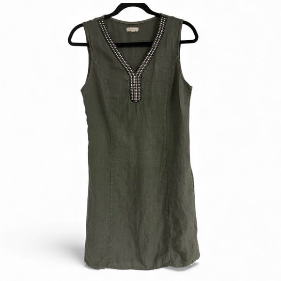 Lina Tomei Dresses & Skirts - Lina Tomei Sleeveless Olive Green 100% linen Dress with Beaded Neckline